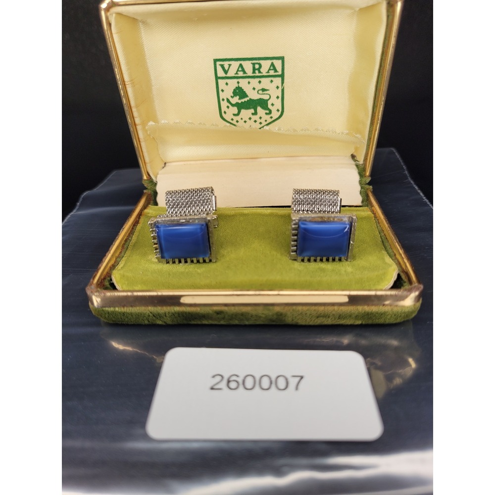 VARA Cufflinks Silver Tone Blue Square Stone Mesh Wrap With Box Excellent